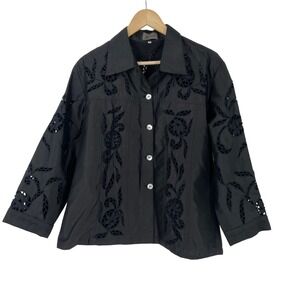 Zena Beverly Hills Black Silk Embroidered Cutout Jacket Women Size 3 L/XL